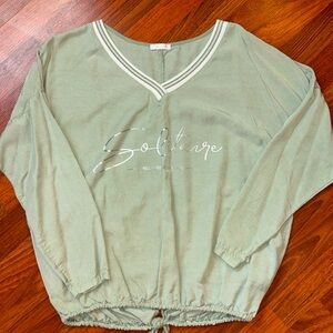 EUC sage green pullover with adjustable waist and silver detail on neck and logo